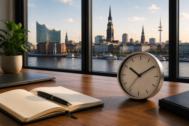 Journal und Uhr auf einem Schreibtisch in einem Office mit Hamburger Skyline im Hintergrund